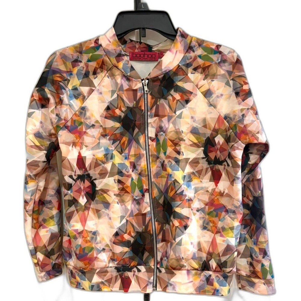 BOOHOO Jacket Women’s Size 4 Multicolor Patterned Crop Boho Zip Modern UK Made